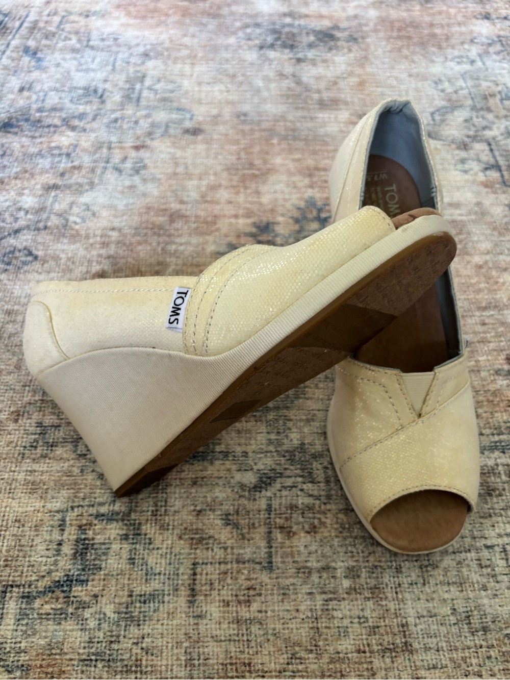 TOMS Women's Cream Glitter Peep-Toe Wedge Shoes - Picture 15 of 16